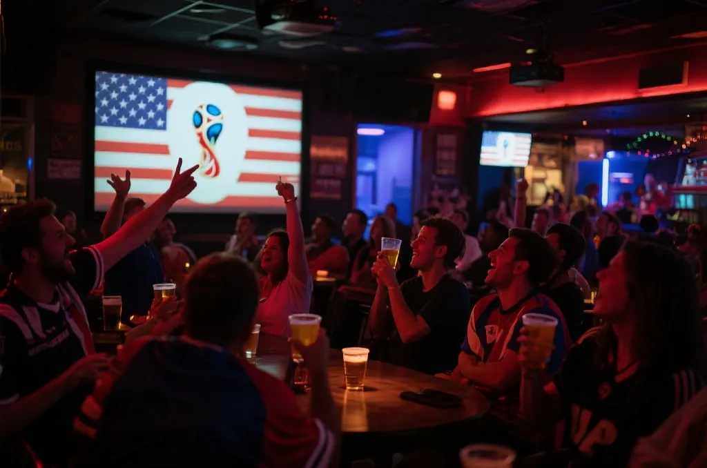 美国体育酒吧内球迷围坐观看世界杯,屏幕光映照在人群脸上,气氛紧张而兴奋
